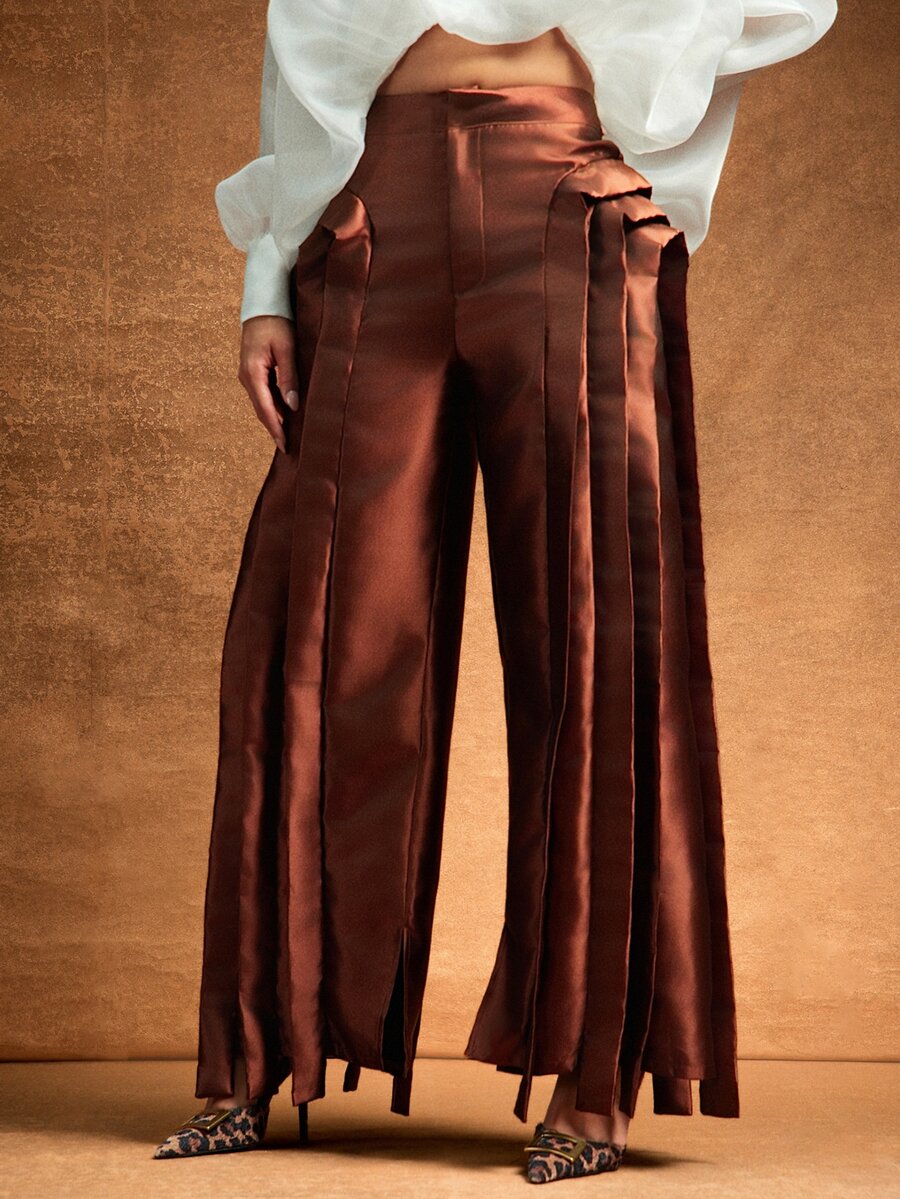 Vixey Structural Satin Wide Leg Trousers, Elegant Party, Dinner Date, Statement Pants, Holiday, Event Dressing - Brown - View 1