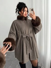 Modelyn Plus Size Vintage Faux Fur Collar Zipper Tie Coat For Vacation - Coffee Brown - View 4