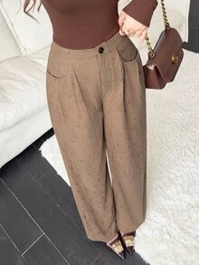 Feyla High-Waisted Corduroy Polka Dot Print Wide-Leg Trousers Perfect For Autumn And Winter, Offering A Relaxed And Comfortable Fit. - Brown - View 3