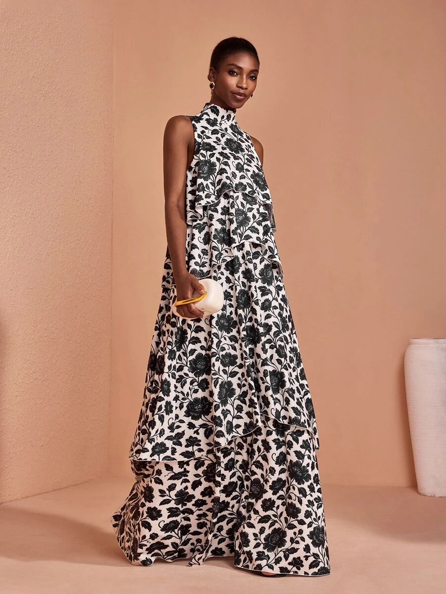 JIAN LASALA Knit Floral Print Halter Neckline Sleeveless Multi Uneven Ruffle Hemline Long Dress Elegant - Black and White - View 1