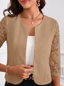 SHEIN Clasi Women Spring & Summer Elegant Lace Patchwork Short Jacket With Open Front And 3/4 Sleeves In Fall - Camel - View 4