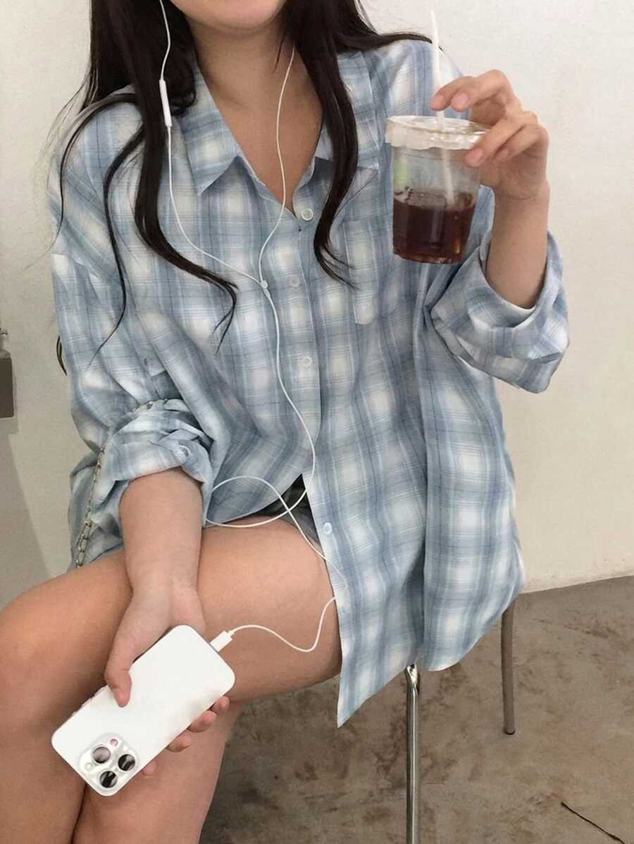 Dazy Plus Korean Style Plaid Loose Fit Long Sleeve Blue Shirt - Blue - View 1