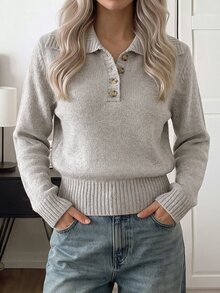 Easowa Sweater Wanita Musim Gugur/Musim Dingin Minimalis Kasual Bergaris Patchwork Kancing Setengah Plaket Sweater untuk Makan Siang/Kantor Abu-abu Muda - Khaki - View 3