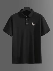 Calvornis 男士刺繡羅紋領純色紋理布料商務休閒短袖 Polo 衫，送給丈夫、男友的日常禮物，適用萬聖節、聖誕節、新年 - 黑色 - 查看 5