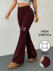SHEIN PETITE بنطلون طويل نسائي بلون موحد كاجوال متعدد الاستخدامات للارتداء اليومي - عنابي اللون - مشاهدة 1