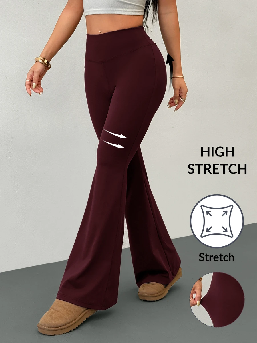 SHEIN PETITE بنطلون طويل نسائي بلون موحد كاجوال متعدد الاستخدامات للارتداء اليومي - عنابي اللون - مشاهدة 1