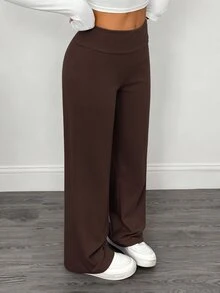 SHEIN PETITE 2件組女款休閒極簡高腰摺疊寬腿直筒長褲，適合夏季 - 彩色 - 查看 5