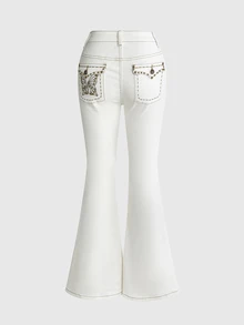 ROMWE Fairycore Women's Vintage Y2K Ultra Low Waist Super Short Distressed Washed Back Pocket Butterfly Pattern Rivet Denim Jeans - White - View 1
