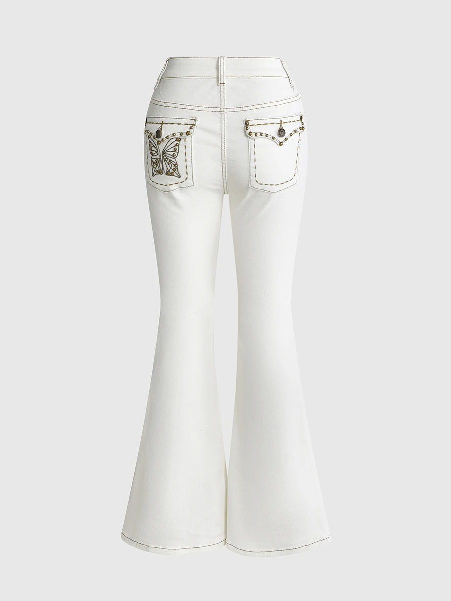 ROMWE Fairycore Women's Vintage Y2K Ultra Low Waist Super Short Distressed Washed Back Pocket Butterfly Pattern Rivet Denim Jeans - White - View 1
