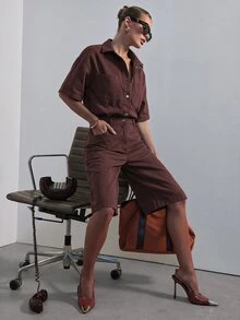 Hauture 女款短袖寬鬆長短牛仔連身褲，現代性感通勤上班穿搭 - 巧克力棕 - 查看 3