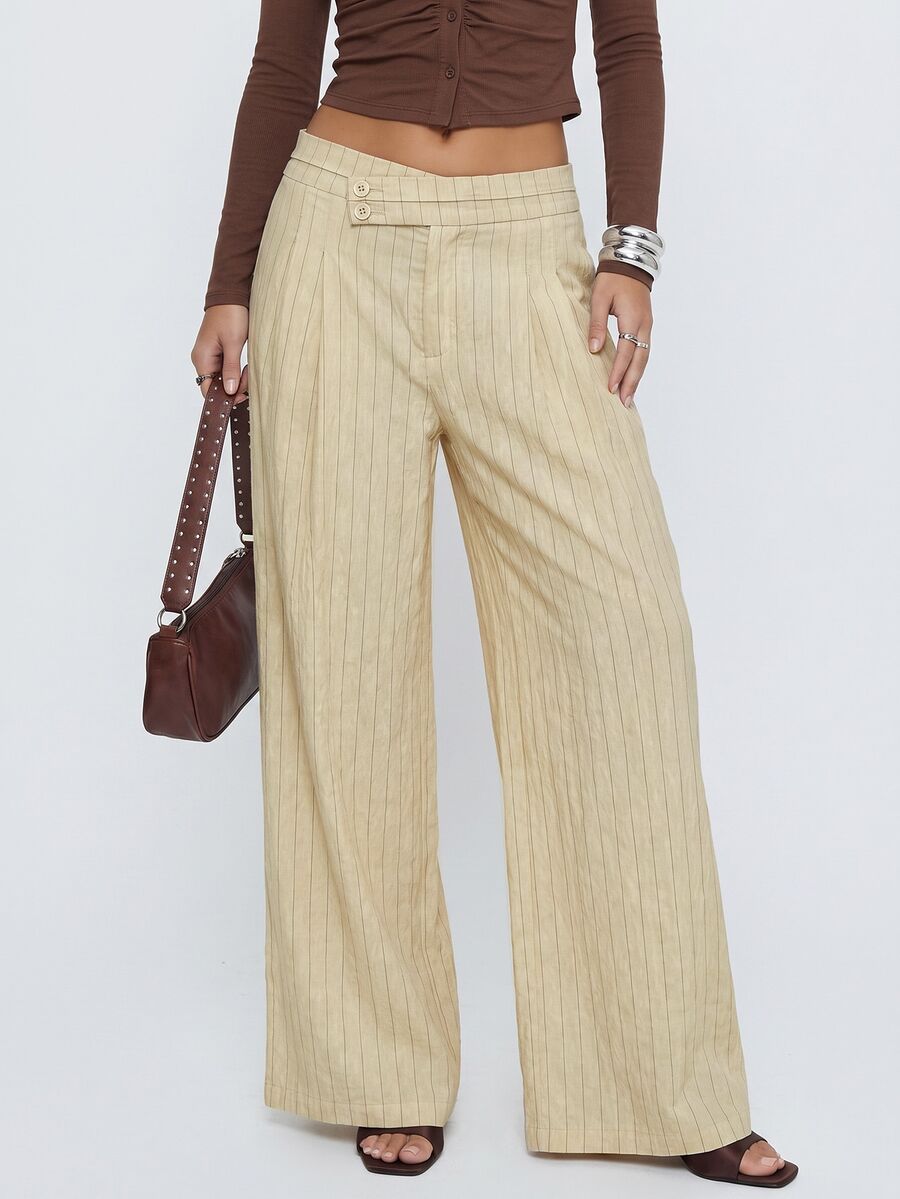 Avantive Women's High Waist Vertical Striped Wide Leg Long Pants - Apricot - View 1