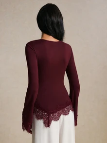 Poéselle Eyelash Lace Trim Ruched Tee - Burgundy - View 5