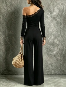 LUMIGAL Women's Elegant Casual Daily Commute Asymmetrical Shoulder Patchwork Ruffle Long Sleeve Elastic Slim Fit Flare Leg Black Jumpsuit - Black - View 2