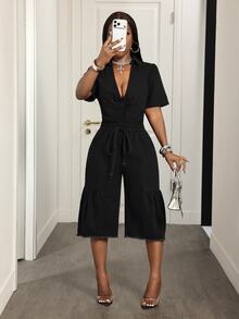 Slaydiva Women's V-Neck Drawstring Waist Short Sleeve Solid Color Denim Jumpsuit - Black - View 1