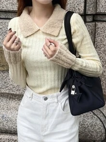 FRIFUL Women's Cream Casual French Cute Everyday Long-Sleeved Sweater Everyday Fall Brunch Date Work Winter - Apricot - View 3