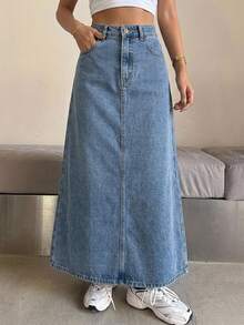 Livesso Autumn High Waist Deep Blue Washed Solid Color A-Line Flared Slim Fit Women's Denim Skirt - Light Wash - View 3