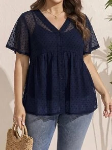 Comfylo 大尺碼女款純色V領波點時尚寬鬆短袖襯衫 - 藏蓝色 - 查看 7