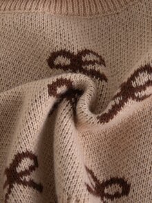 SHEIN 女童落肩蝴蝶結圖案高領毛衣與長褲兩件套 - 棕色 - 查看 7