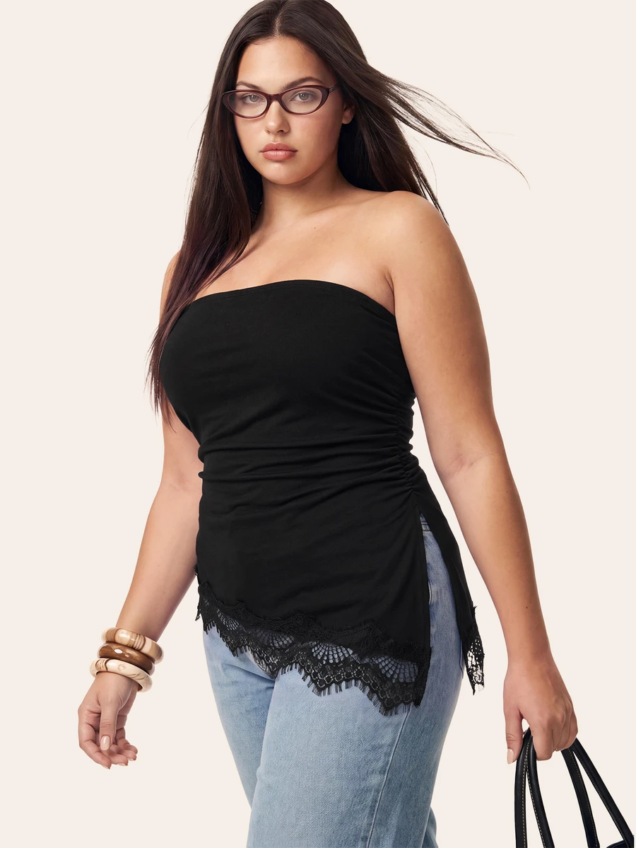 Comfortcana Plus Size Sleeveless Bandeau Split Pleated Solid Color Women's Top - Black - View 1