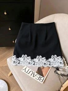 Muvela Women's Solid Color Lace Patchwork Fashion Short Skirt - Black - View 9