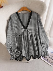 CosyJoli Plus Size V-Neck Lace Long Sleeve Ruffle Blouse For Women Fall - Black and White - View 1