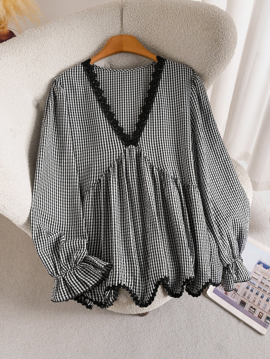 CosyJoli Plus Size V-Neck Lace Long Sleeve Ruffle Blouse For Women Fall - Black and White - View 1