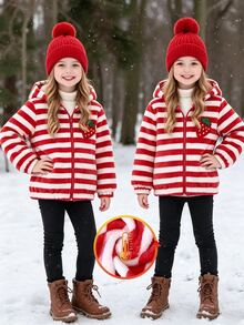 SHEIN Playful Pals 女童可愛加厚保暖內裡連帽外套 單件經典紅白條紋毛絨布料 附可愛熊耳朵裝飾與前胸草莓設計 - 紅白色 - 查看 4