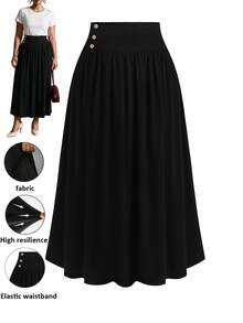 GlowEve CURVE Plus Size Button High Waist Pleated Solid Color Long Skirt - Black - View 1