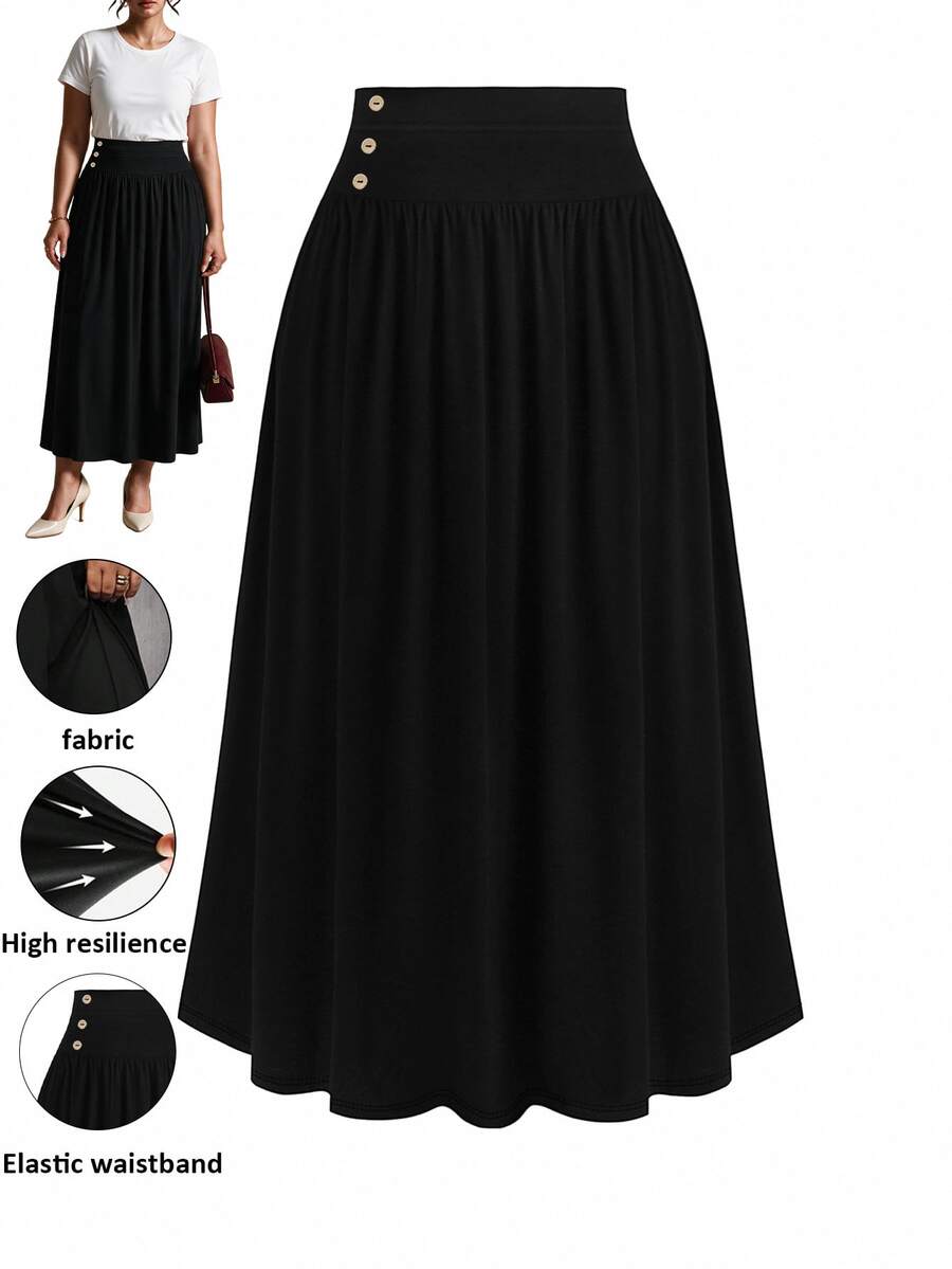 GlowEve CURVE Plus Size Button High Waist Pleated Solid Color Long Skirt - Black - View 1