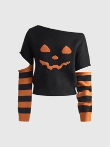 ROMWE Goth Women's Halloween Pumpkin Knit Sweater - Black - View 1