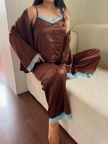 Dazy Plus 3pcs Colorblock Polka Dot Long Pants Loungewear Set, Spring Summer Autumn Pajamas - Brown - View 6