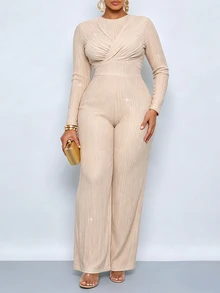 SOLERSUN Plus Size Women's Autumn/Winter Casual Commute Party Textured Elastic Sequin Fabric Round Neck Long Sleeve Ruched Wide Leg Jumpsuit Fall - Apricot - View 6