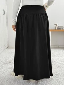 Shapeblank Plus Size Women Solid Color Pleated Casual Versatile Daily Wear Skirt - Black - View 3