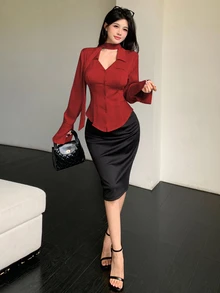 Celisse 女款條紋緞面翻領V領繫腰開衩襯衫 - 紅色 - 查看 7