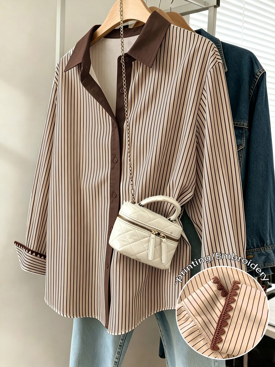 Resyla Women's Collared Long Sleeve Button-Up Striped Shirt - Multicolor - View 1