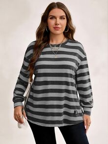SHEIN LUNE Plus Size Women's Autumn/Winter Striped Print Loose Crew Neck Long Fall - Multicolor - View 5