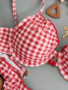 Swim Mod Women's Sweet Cute Lace Trim Fresh Cherry Print Swimsuit Set - Red - View 4