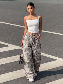 SHEIN EZwear 女款紋理圖案蝴蝶結裝飾口袋鈕扣寬鬆休閒牛仔褲 - 彩色 - 查看 6