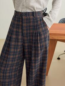 Dazy-Less Autumn/Winter Navy Blue High-Waist Pleated Solid Color Loose Straight Leg Casual Vintage 2000s Versatile Wide Leg Women's Long Pants Plaid Office Work - Navy Blue - View 6
