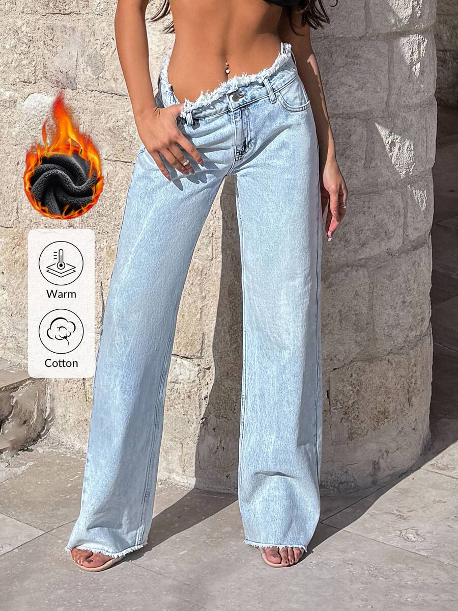 SHEIN Warm Effect Low Waist Casual Style Light Blue Snow Wash Regular Fit Button Front Frayed Belt Wideleg Jean - Light Wash - View 1