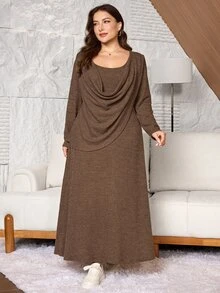 Lacomfia Minimalist Solid Color Ribbed Cowl Neck Long Sleeve Cinched Waist A-Line Regular Fit Plus Size Dress For Spring And Autumn - Brown - View 5