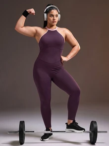 Powerista Jumpsuit Celana Panjang Wanita Plus Size Tanpa Lengan dengan Kerah Halter dan Trim Kontras - Purple - View 4