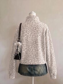 SHEIN EZwear 經典豹紋半拉鍊女款運動衫，水洗白與灰色，秋季休閒街頭風，適合多種場合，Y2K復古風，返校季秋冬上衣 - 彩色 - 查看 2