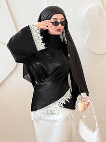 Solavon Women's High Neck Long Sleeve Asymmetric Contrast Color Lace Arabesque Blouse - Black - View 1