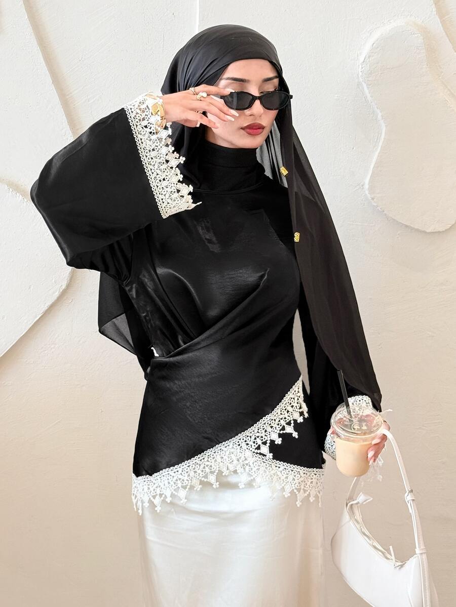 Solavon Women's High Neck Long Sleeve Asymmetric Contrast Color Lace Arabesque Blouse - Black - View 1