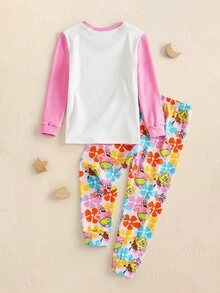 SpongeBob SquarePants | SHEIN 女童卡通印花長袖上衣與長褲休閒居家睡衣套裝 - 粉色 - 查看 2