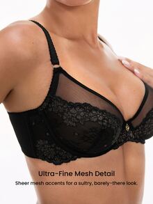 LUVLETTE Soft Woman Lingerie Lounge Curve Sheer Full Coverage Underwire Sexy Unlined Minimizer Sequined Glam Floral Lace Elegance & Mesh Intimates Black Bra - Black - View 4