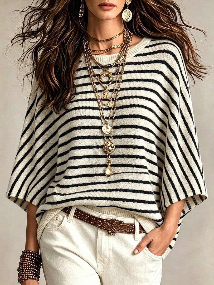 SHEIN 休閒寬鬆圓領七分袖針織對比色條紋蝙蝠袖設計黑白女款春秋毛衣