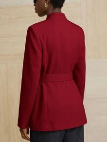 Aveloria Modichic 小立領粗花呢單排扣金屬鈕扣裝飾繫腰工裝夾克 - 酒紅色 - 查看 2