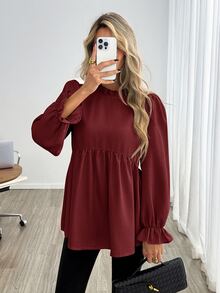 Easowa 女款優雅百搭百褶喇叭袖襯衫 - 紅色 - 查看 3